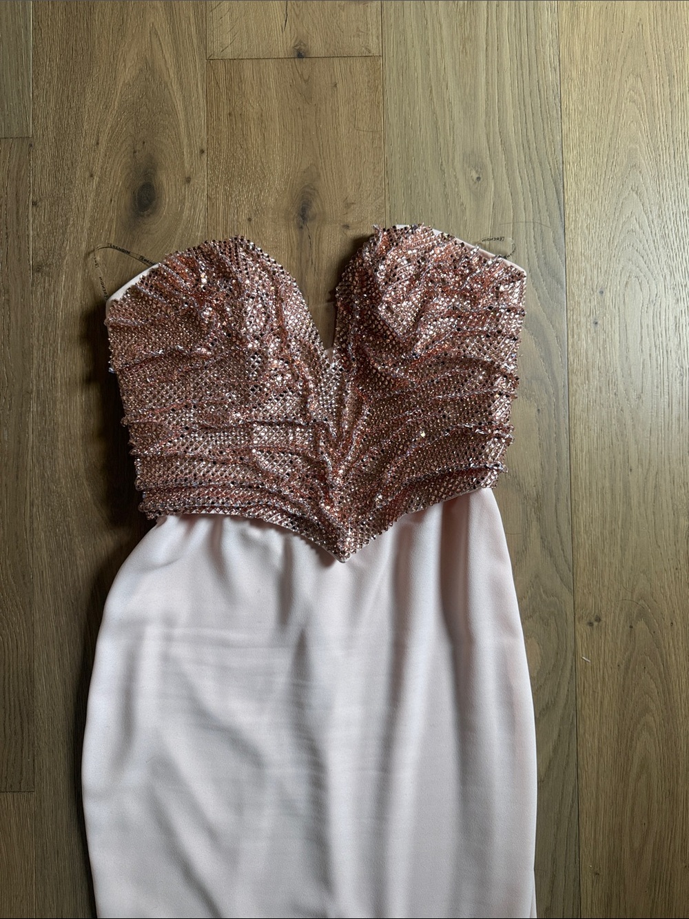 Strapless Blush Peach Beaded Bodice Evening Dress